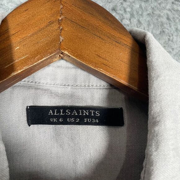 All Saints Grey Denim Shirt Womens Size 2 Long Sleeve Snap Button Distressed - Picture 6 of 12